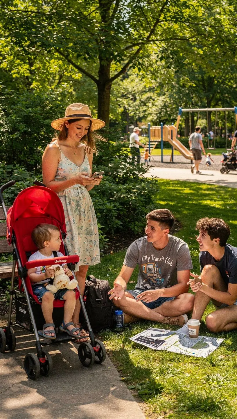 Rodzina korzystająca z transportu publicznego w trakcie wakacyjnej podróży.