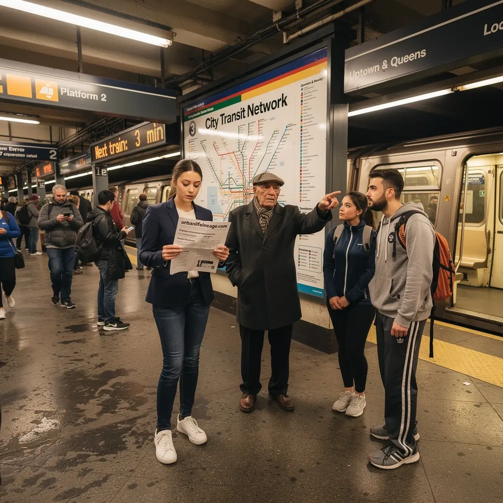 Punkty informacyjne w stacji metra z oznaczeniami kierunków.