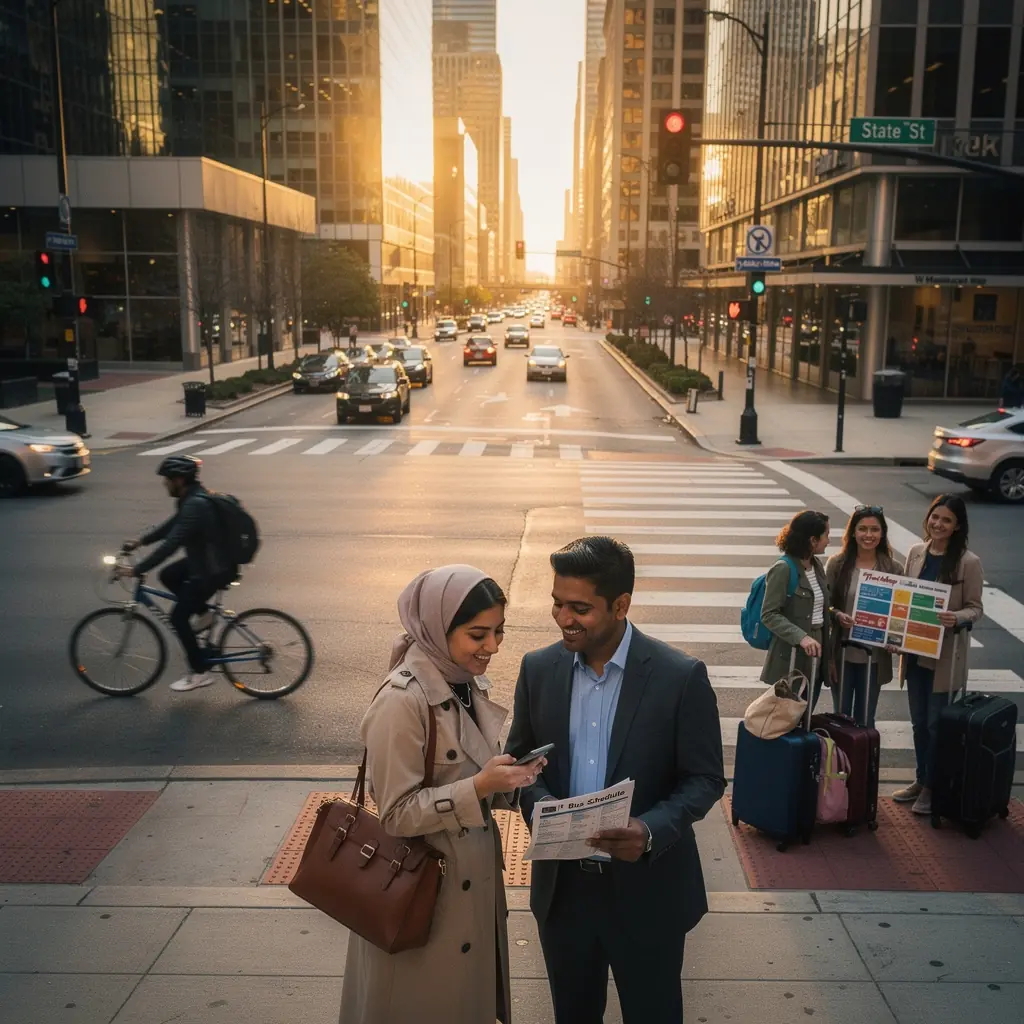 Pojazdy komunikacji miejskiej na ruchliwej ulicy z pasażerami wsiadającymi i wysiadającymi.